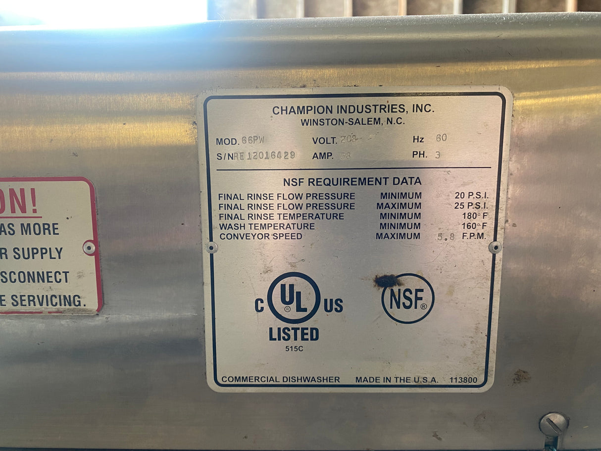 Champion E-Series 66PW Right to Left Conveyor Dishwasher - Booster Not Included