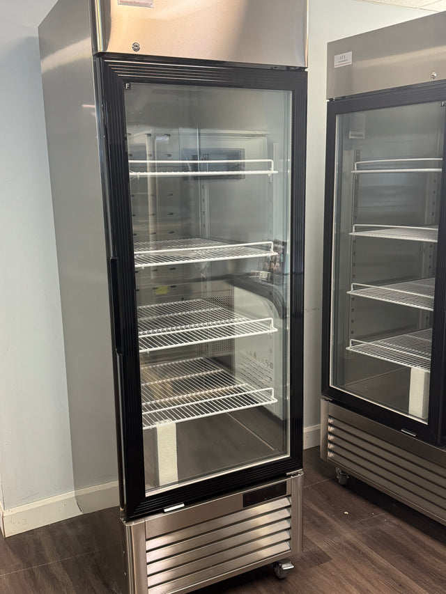 Space-saving narrow vertical display freezer for Ontario convenience stores