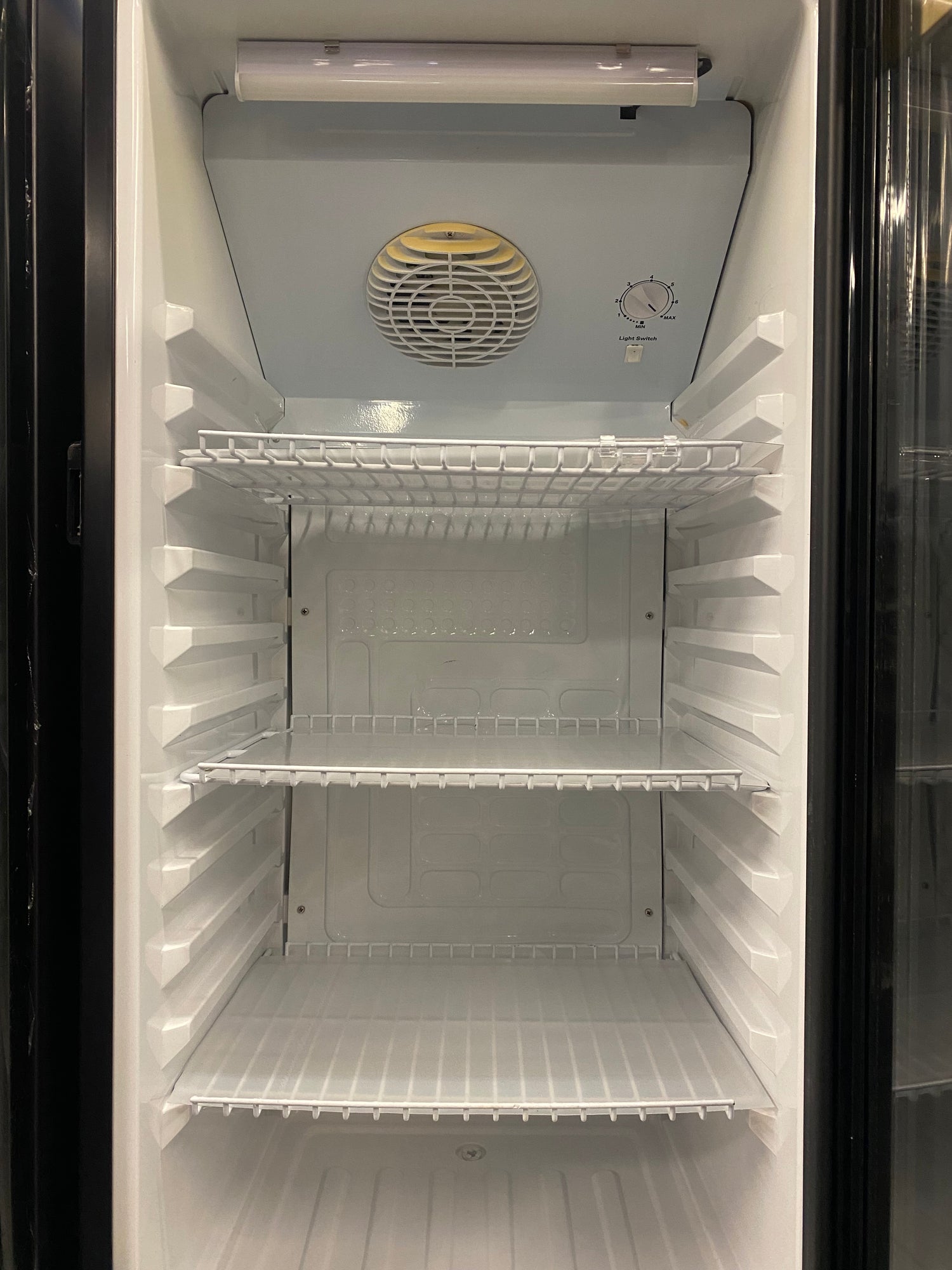 Glass door compact mini fridge with LED lighting for beverage display