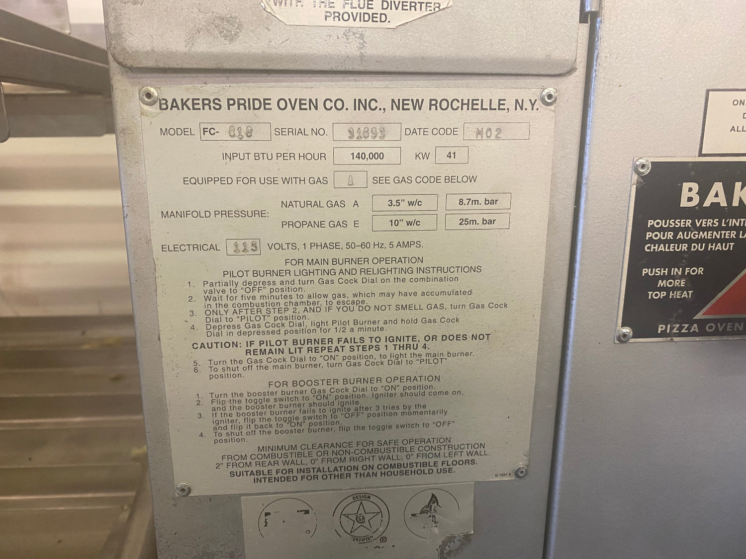 Bakers Pride FC616/Y600 double deck natural gas pizza oven